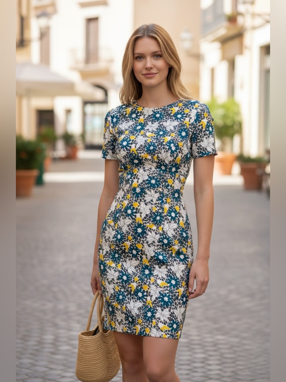 Carolina Herrera Daisy Flower Print Short Sleeve Sheath Dress Size 8